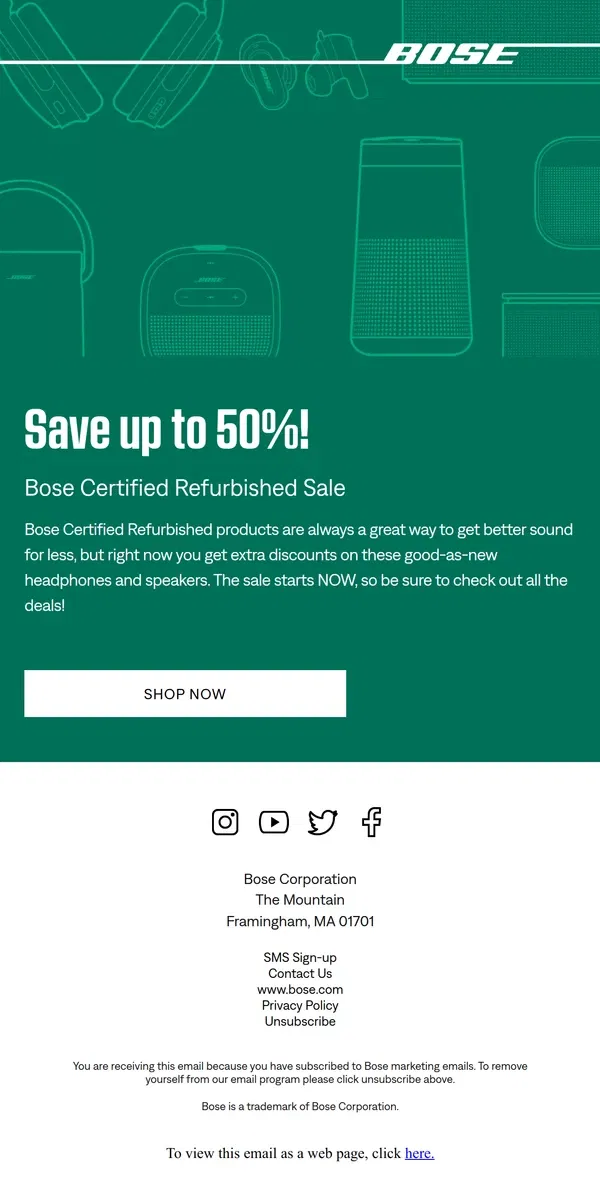 Email from Bose. Our refurbished sale starts... NOW!