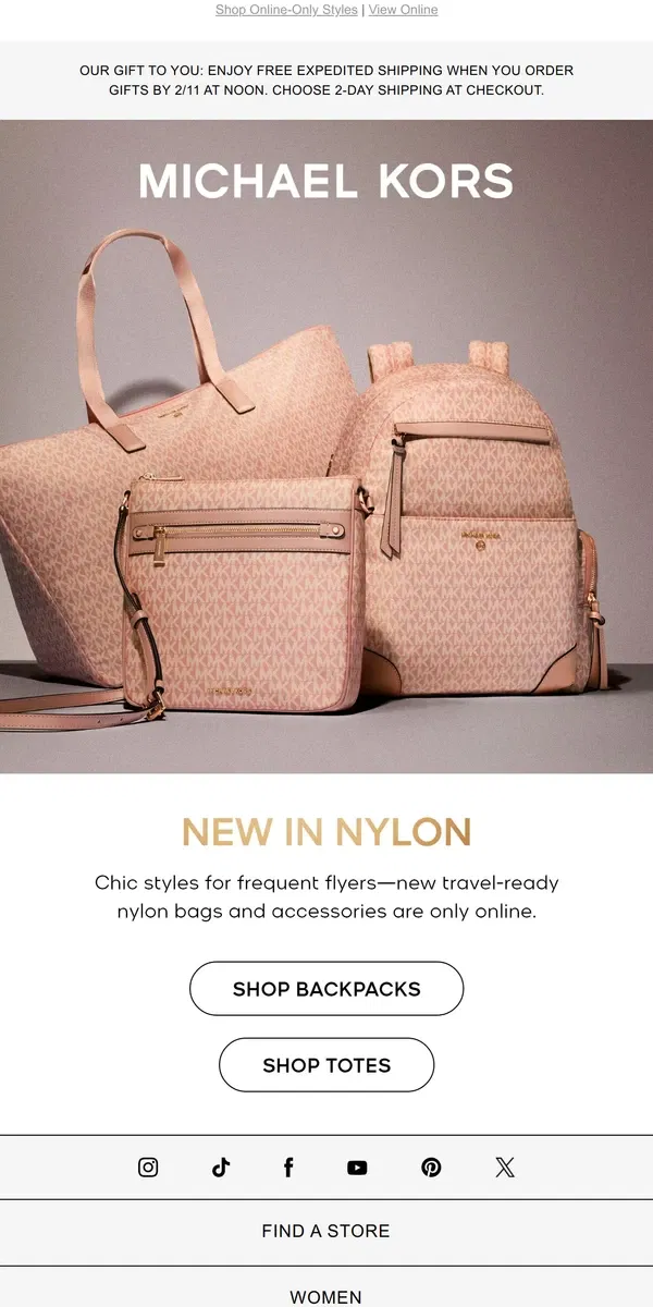 Email from Michael Kors. For Frequent Flyers: New Nylon Bags