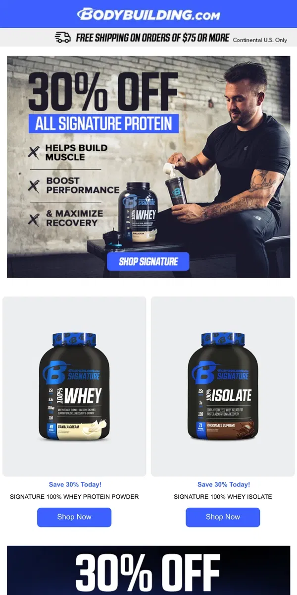 Email from Bodybuilding.com. Boost Your Gains: Get 30% Off Signature Protein & BCAA Today!