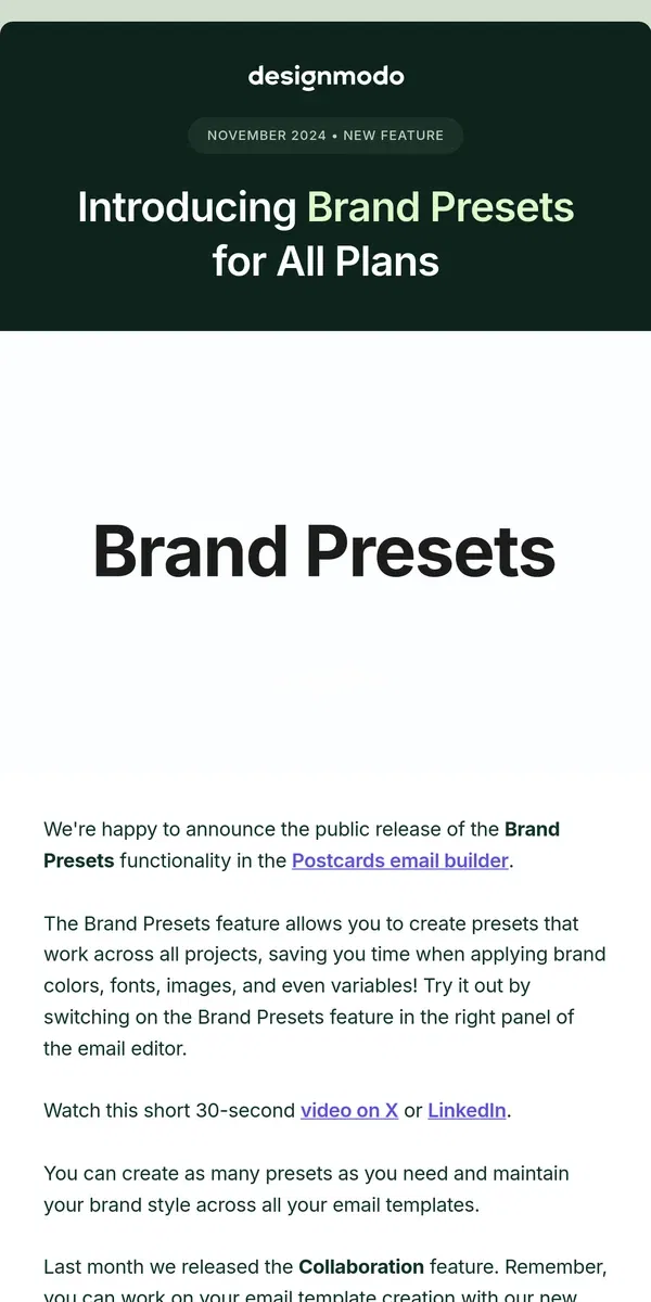 Email from Designmodo. Introducing Brand Presets for Email Templates – Available on All Plans