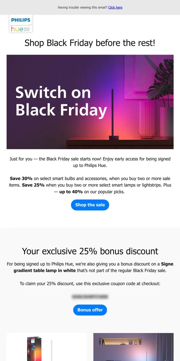 Email from Philips Hue. 📢 Black Friday early access: up to 40% off