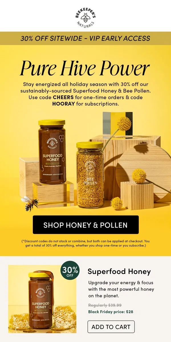 Email from Beekeeper's Naturals. 30% Off Honey + Pollen 🐝