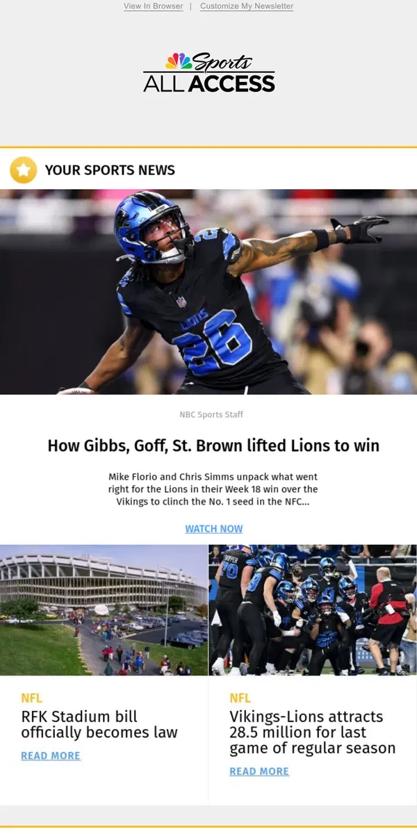 Email from NBC Sports. How Gibbs, Goff, St. Brown lifted Lions to win