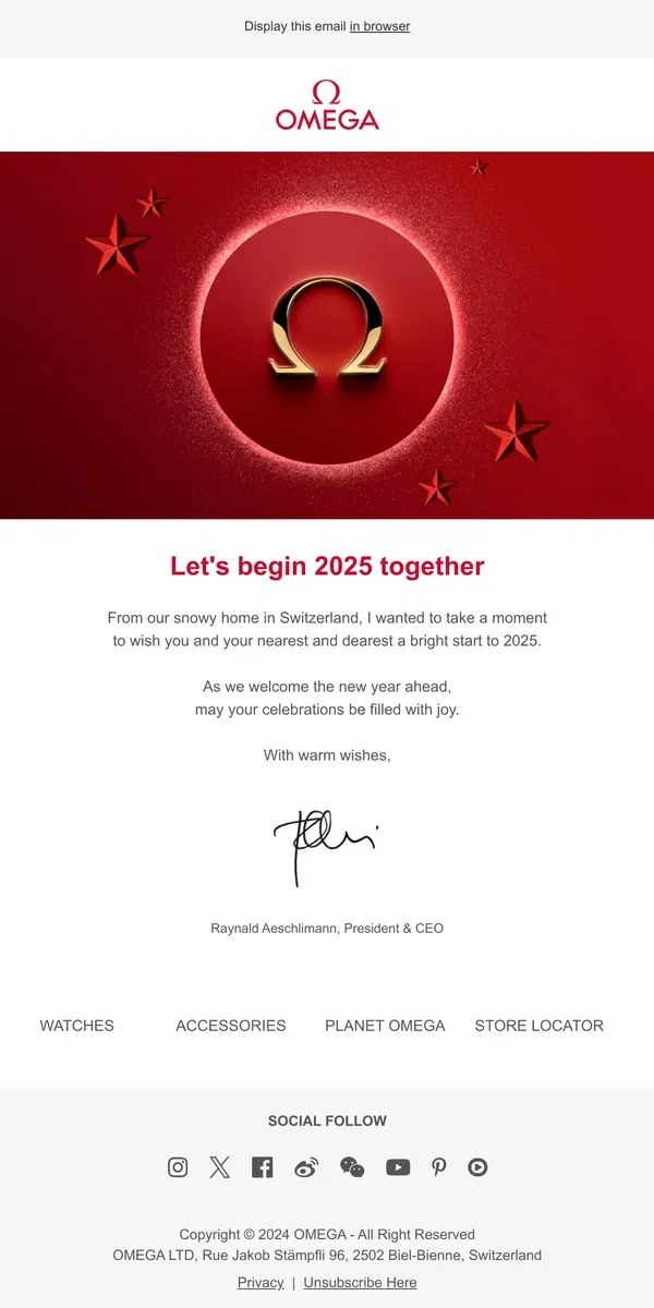 Email from OMEGA. A Personal Note for 2025