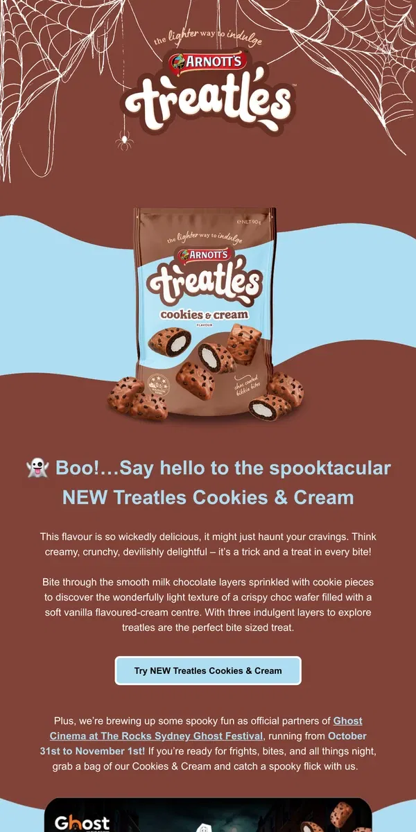 Email from Arnott's. 👻 NEW Treatles Cookies & Cream - A Spooky Delight!