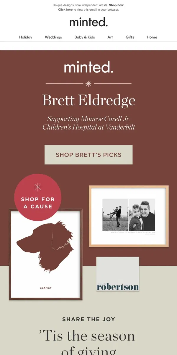 Email from Minted. Giving Tuesday: Brett Eldredge’s gift picks for a good cause