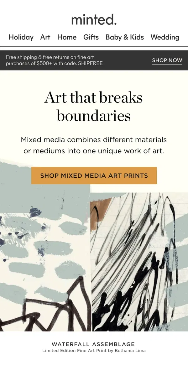 Email from Minted. Add mixed media art to your collection