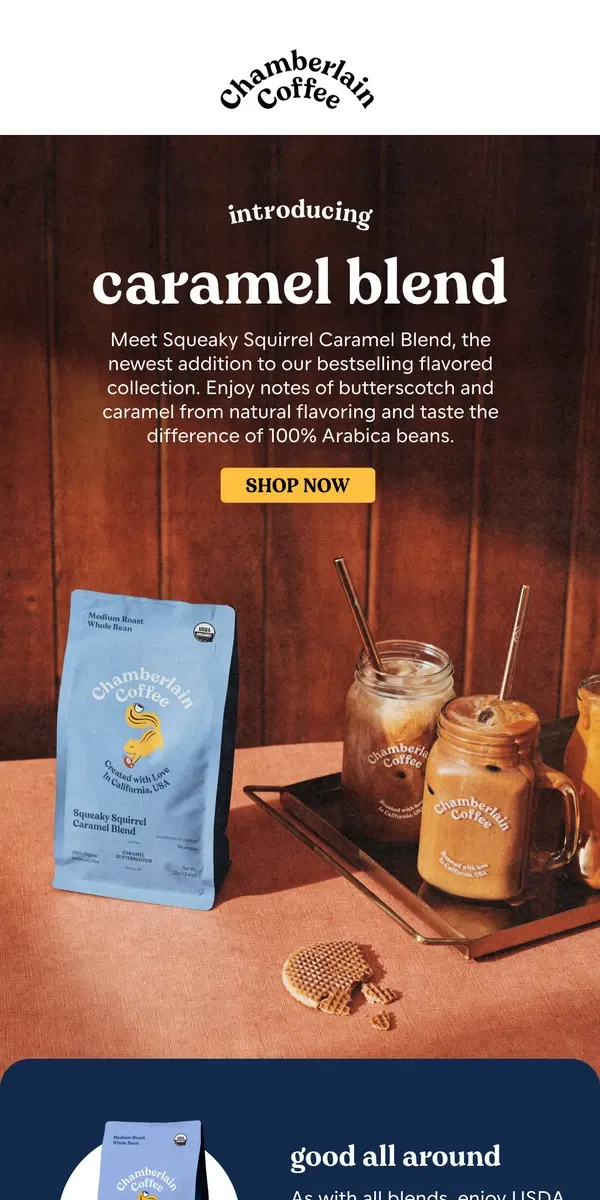 Email from Chamberlain Coffee. meet caramel blend