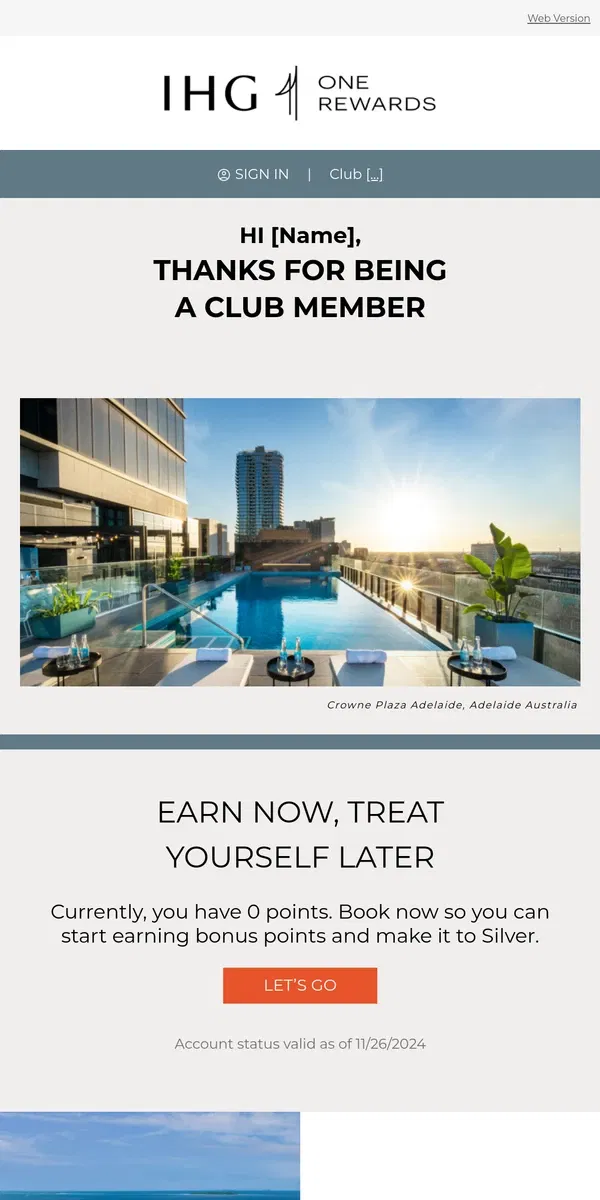 Email from IHG Hotels & Resorts. [Name], your November IHG One Rewards eStatement is ready