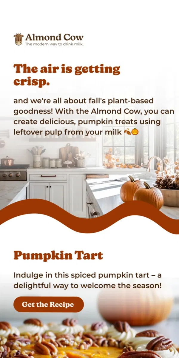 Email from Almond Cow. 🍂 The Air is Crisp – Fall into Pumpkin Goodness with Almond Cow! 🎃