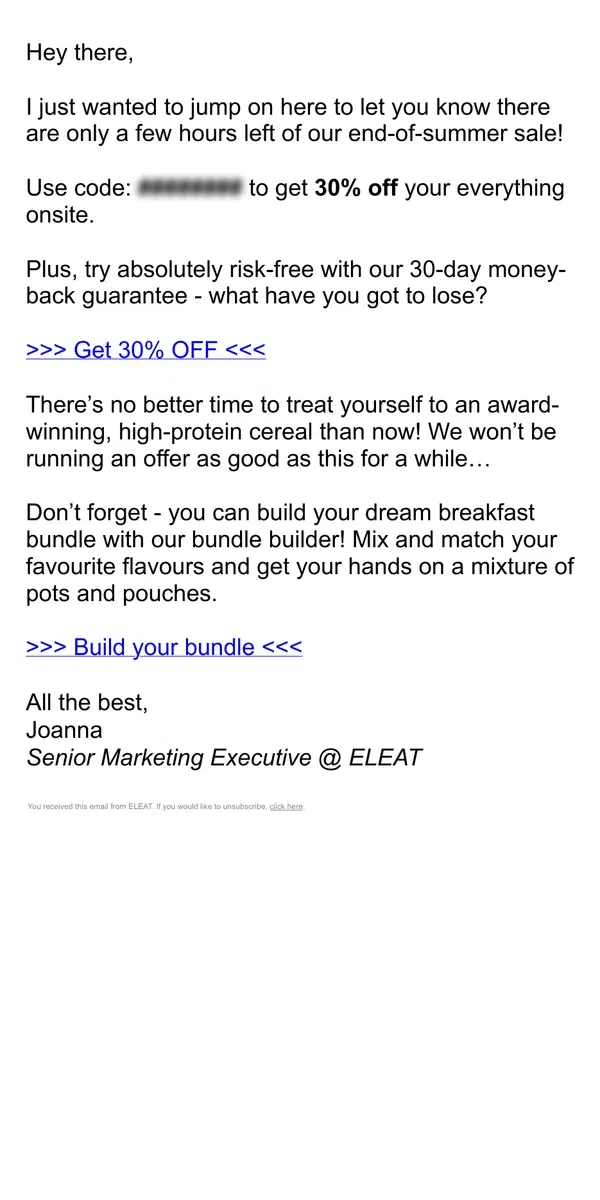 Email from ELEAT. FINAL HOURS: 30% off inside…