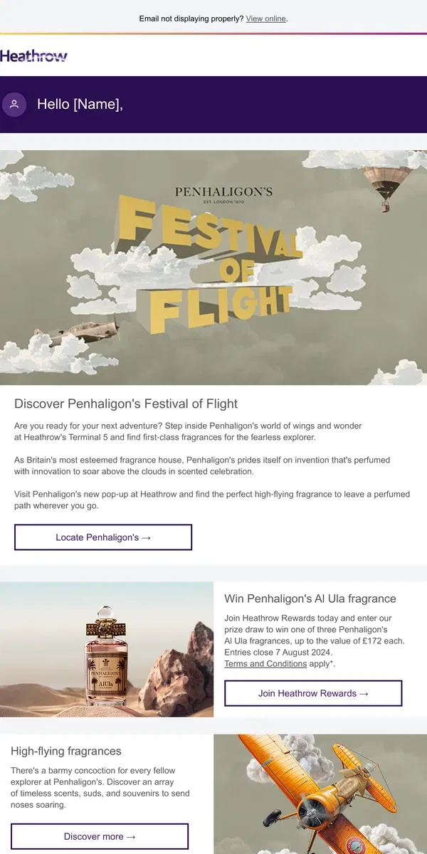 Email from Heathrow Airport. Presenting Penhaligon's Festival of Flight