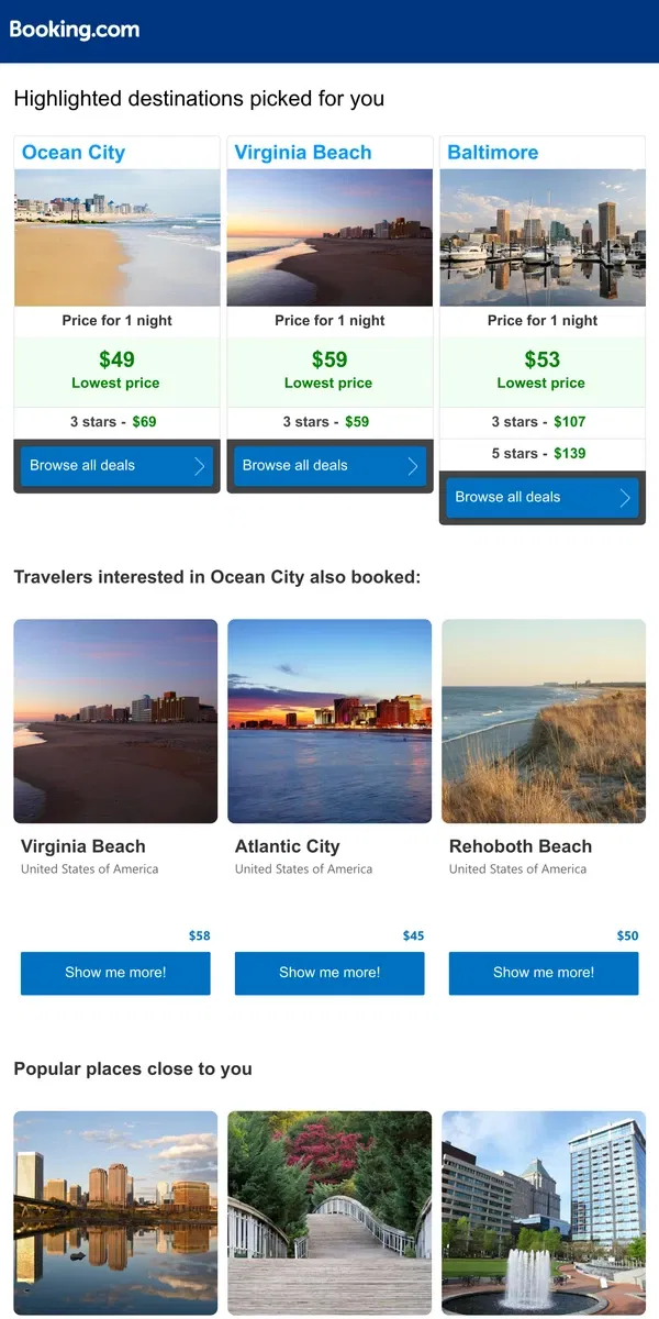 Email from Booking.com. Updating you on prices for Ocean City and Virginia Beach