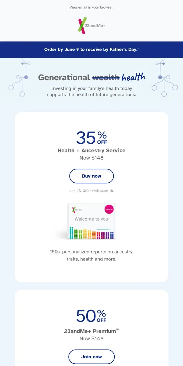 Email from 23andMe. Order by June 9 to receive by Father’s Day