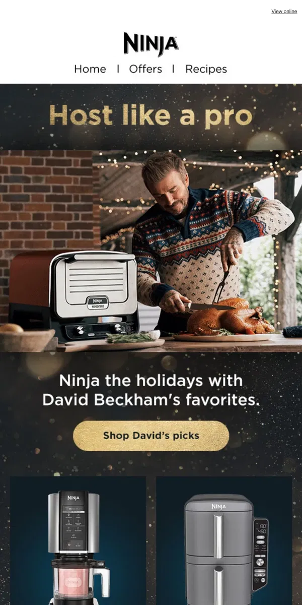 Email from Ninja Kitchen. David Beckham's holiday must-haves.