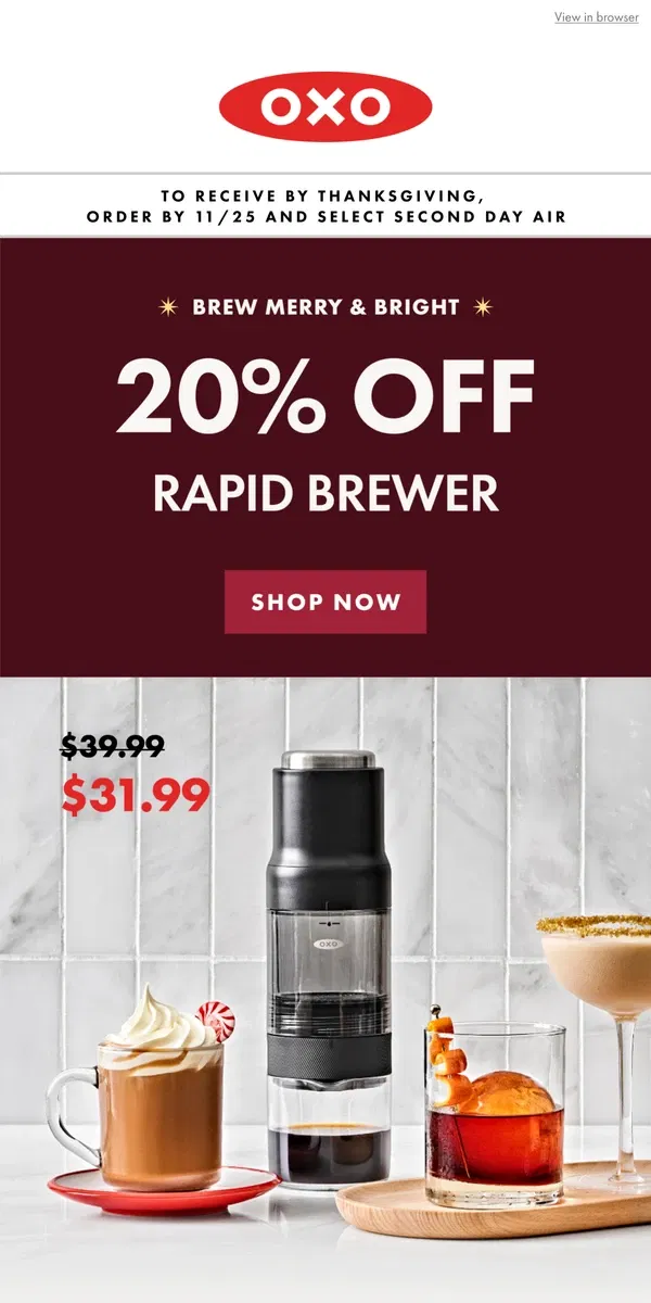 Email from OXO. New Black Friday Deal | 20% off Rapid Brewer