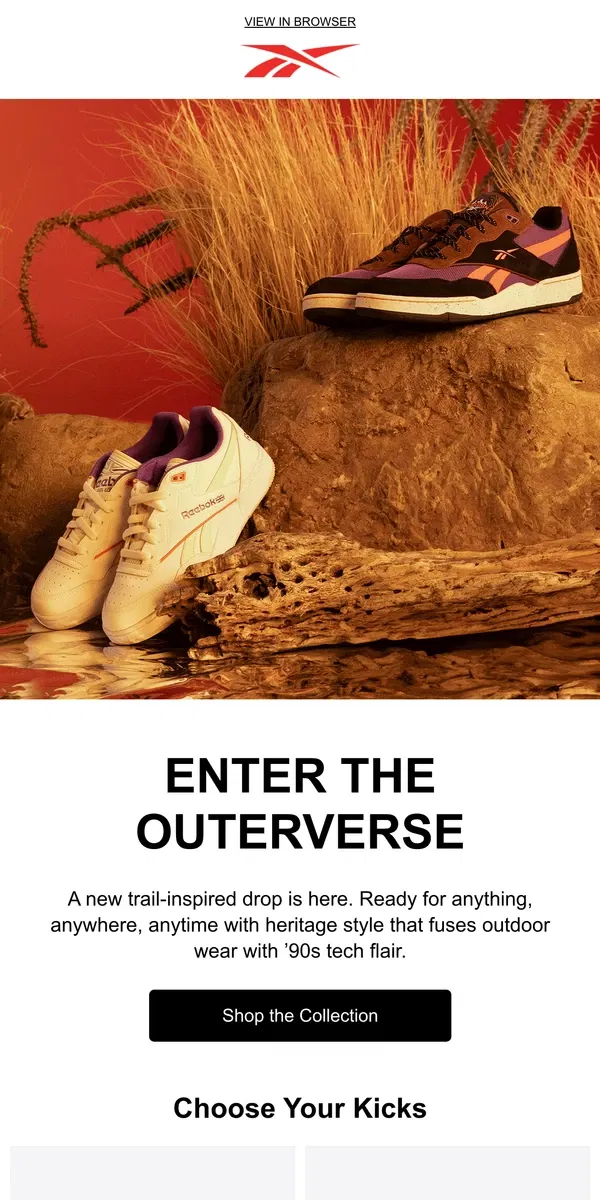 Email from Reebok. Outerverse: A world of ‘90s tech outdoor style