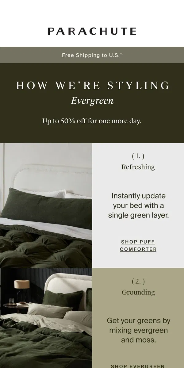 Email from Parachute Home. EVERGREEN Is Up To 50% Off