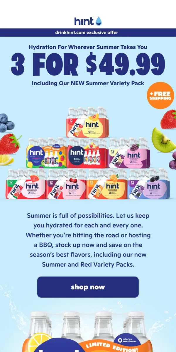 Email from Hint Water. Hydration for wherever summer takes you ☀️