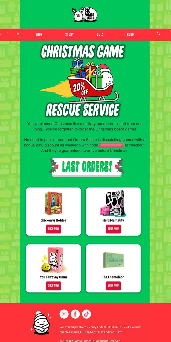 Email from Big Potato Games. 20% off last minute orders