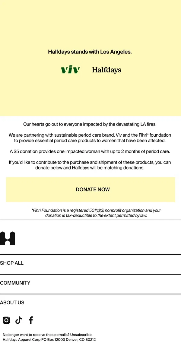 Email from Halfdays. Halfdays stands with Los Angeles – Help women affected by the LA fires