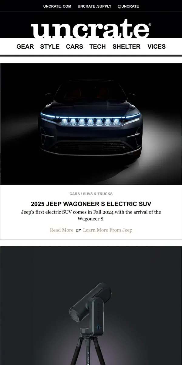 Email from Uncrate. 2025 Jeep Wagoneer S Electric SUV & more