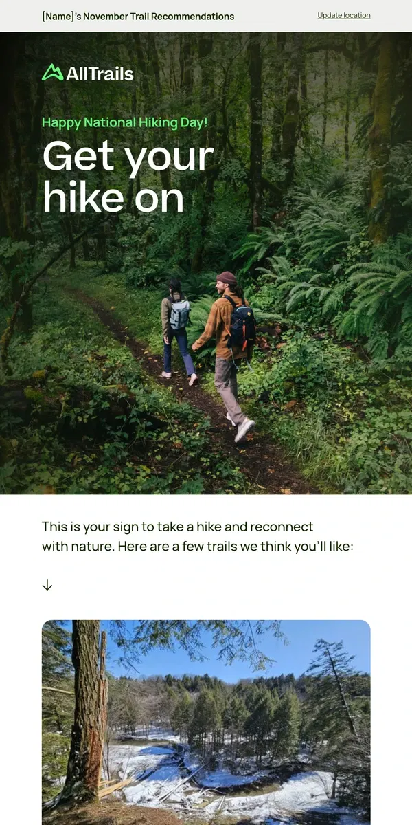 Email from AllTrails. Celebrate National Hiking Day at Sprague Brook Park Trail today!