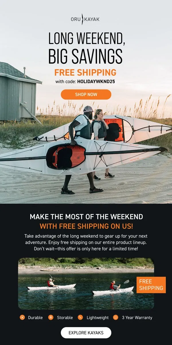 Email from Oru Kayak. Holiday Weekend Flash Deal: Free Shipping ⚡