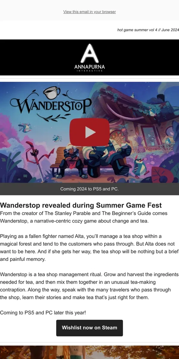 Email from Annapurna Interactive. Annapurna Interactive // Summer Game Fest 2024 Newsletter