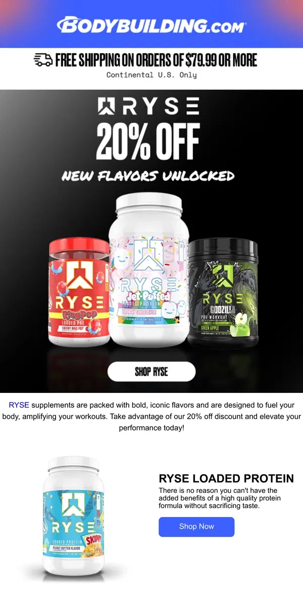 Email from Bodybuilding.com. 💪 RYSE to the Challenge with 20% Off