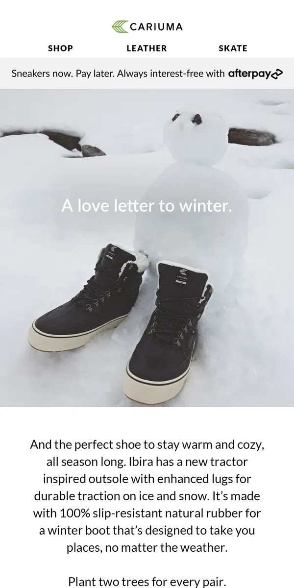 Email from Cariuma. Winter, Made Easier