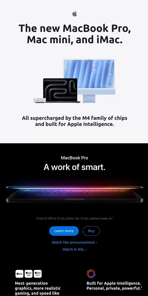 Email from Apple. Introducing the new MacBook Pro, Mac mini, and iMac, all with Apple Intelligence.