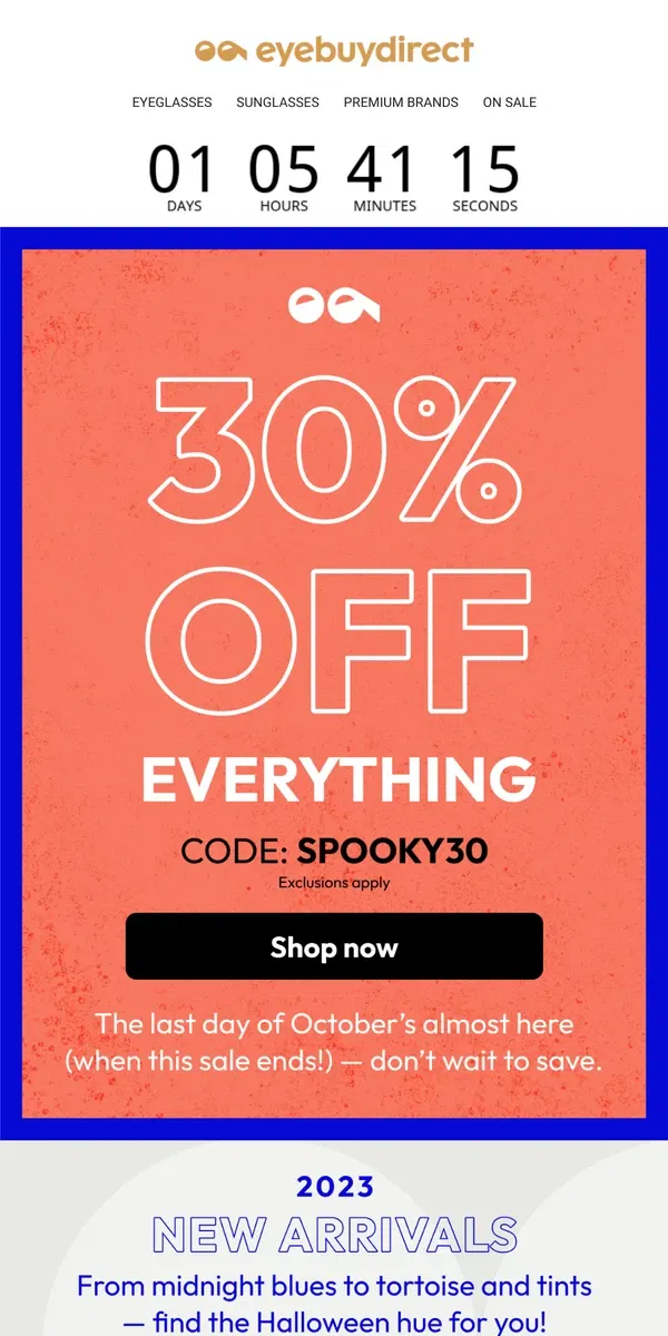 Email from Eyebuydirect. Last Call: Big Halloween Sale 🧹🌟