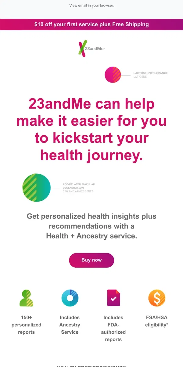 Email from 23andMe. Take $10 off Health + Ancestry Service