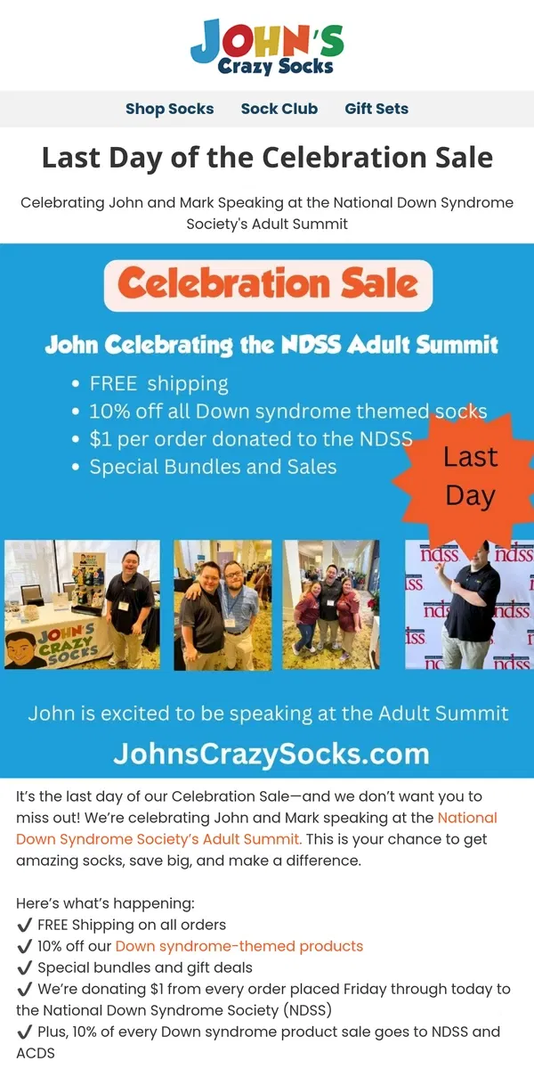 Email from John's Crazy Socks. 🎉 Today’s the Last Day of Our Celebration Sale – Don’t Miss Out