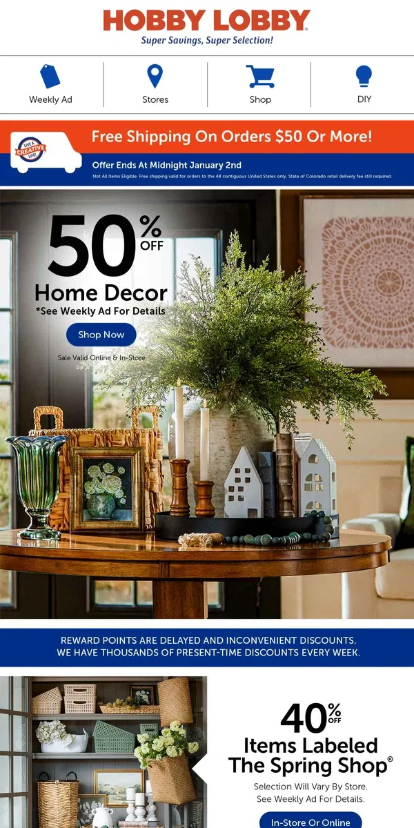 Email from Hobby Lobby. Refresh Your Space! 50% Off Home Decor ✨