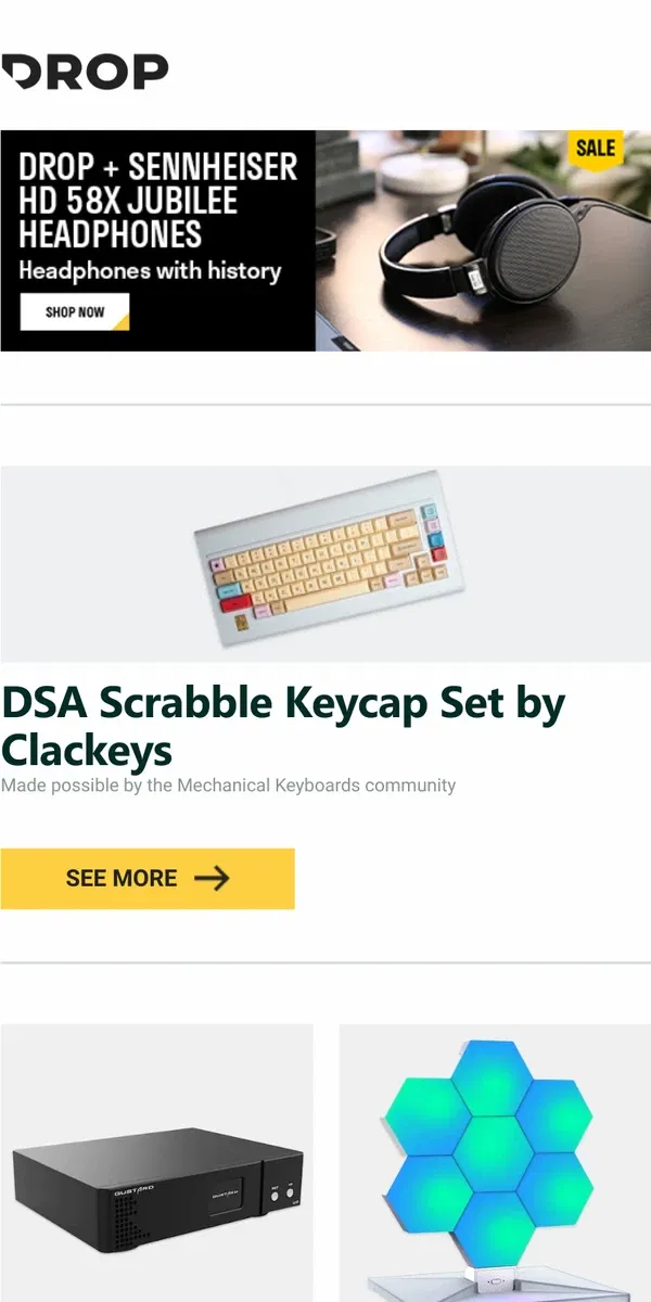 Email from Drop. DSA Scrabble Keycap Set by Clackeys, Gustard U18 USB Audio Interface, Cololight Plus Hexagon Light Kit and more...