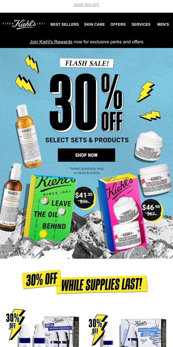 Email from Kiehl's. ⚡4 DAYS ONLY: 30% OFF Select Faves⚡