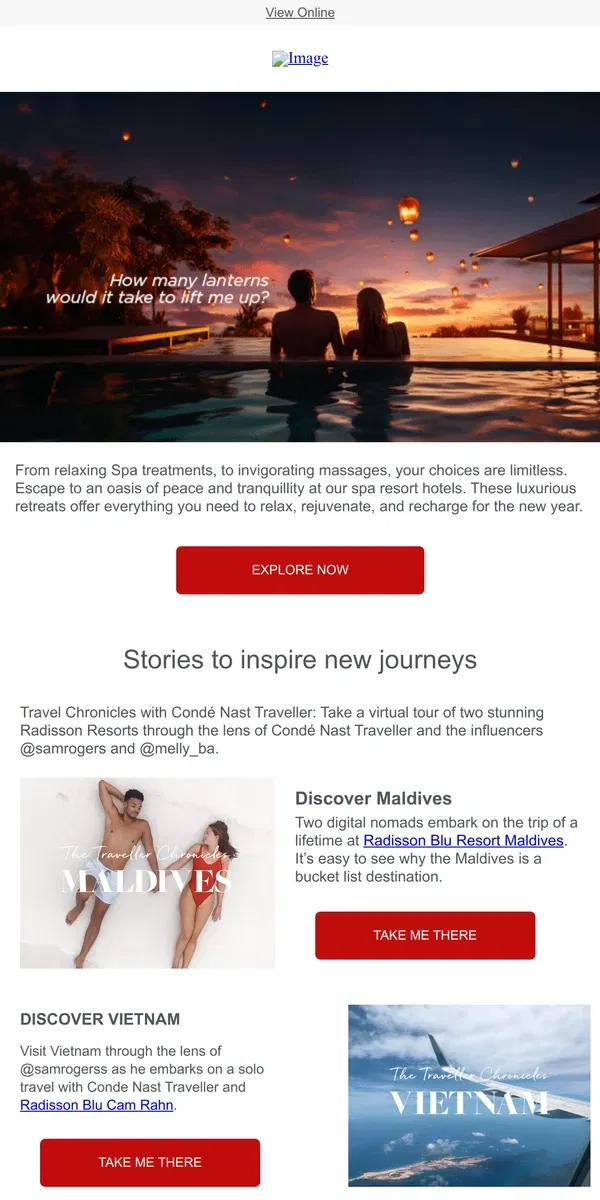 Email from Radisson Hotels. A dream vacaction can become a reality at our resorts