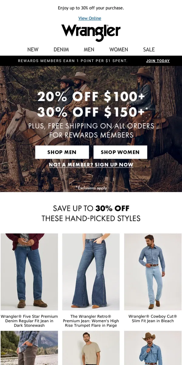 Email from Wrangler. The Long Weekend Sale starts NOW!