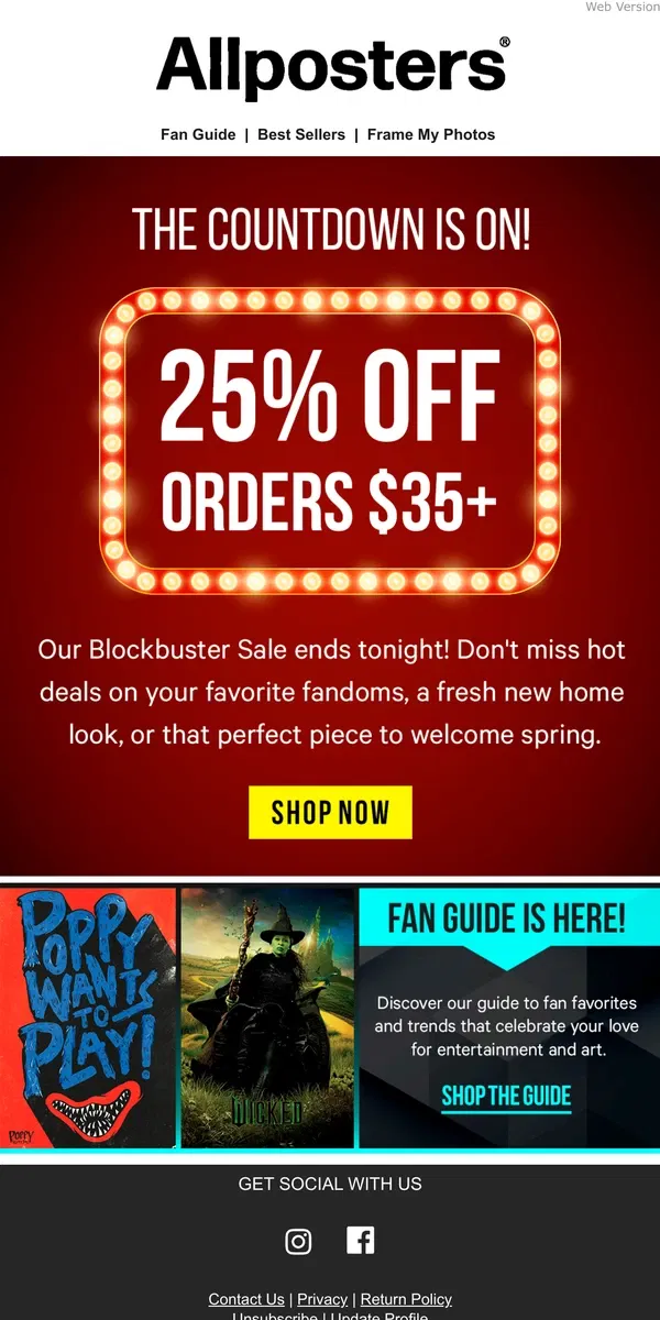 Email from AllPosters. Last Call for 25% Off!