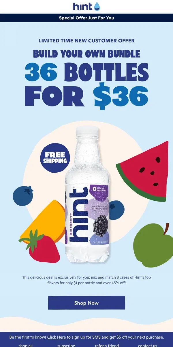 Email from Hint Water. New customer special: 45% off mouthwatering water