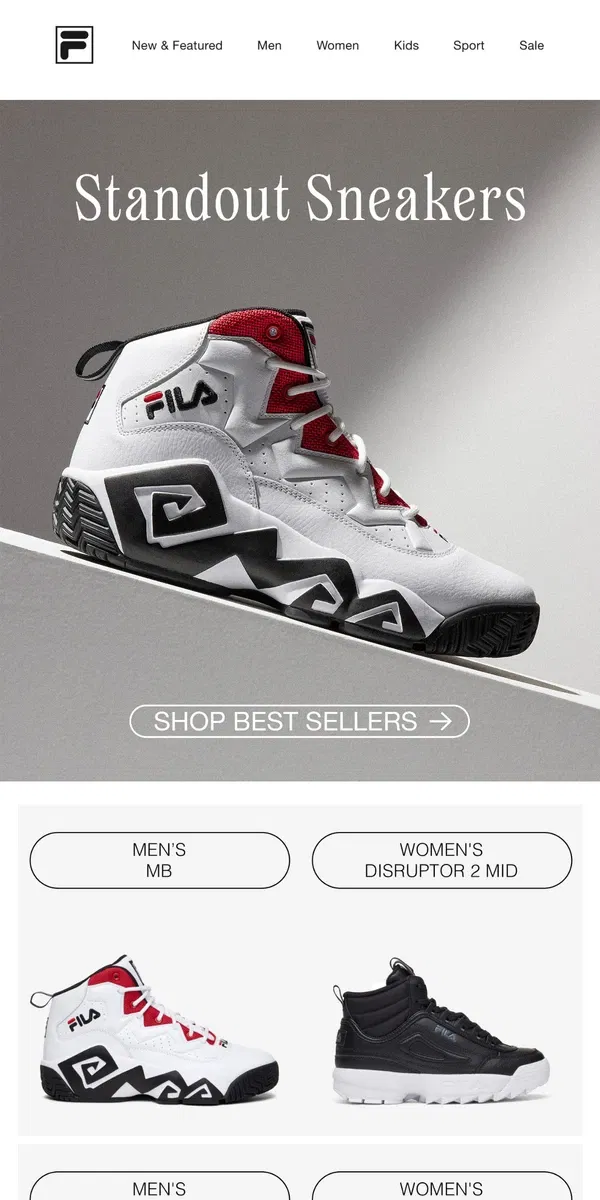 Email from FILA. Top Picks: Sneaker Best Sellers