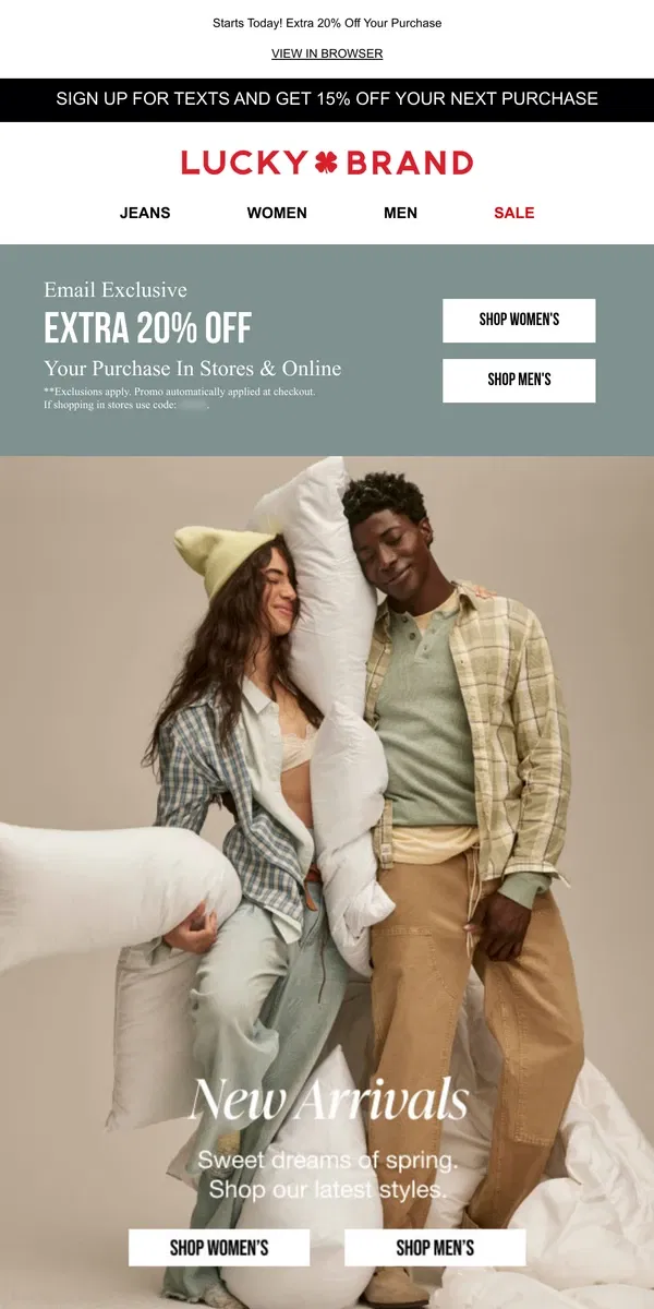 Email from Lucky Brand. New Year, New Arrivals: Up To 50% Off