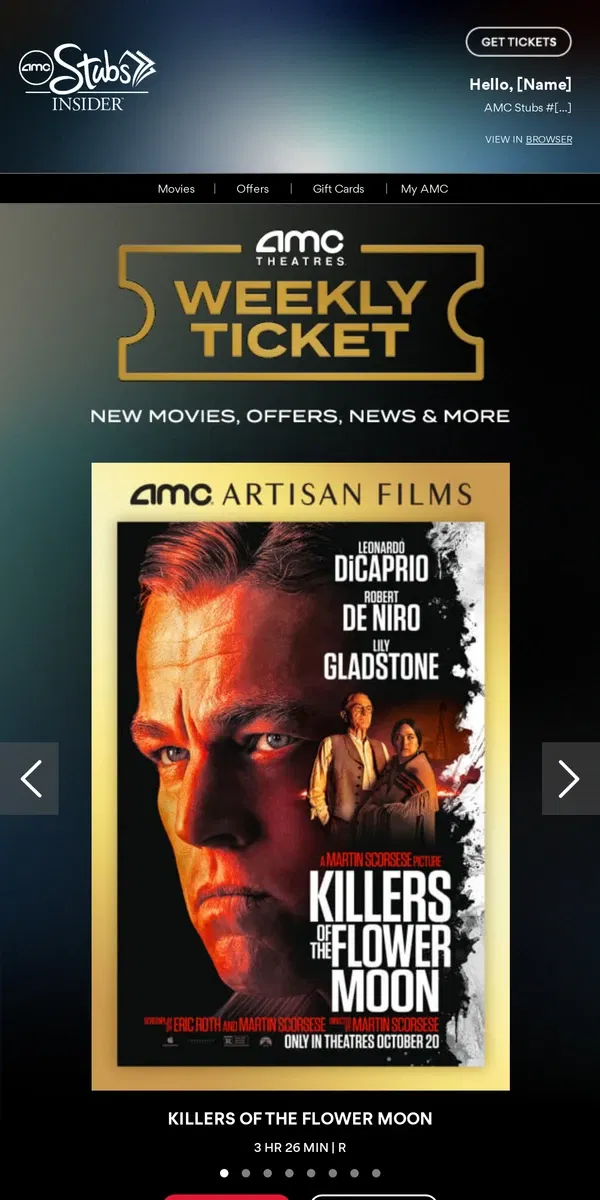 Email from AMC Theatres. [Name], Your Weekly Ticket Is Here