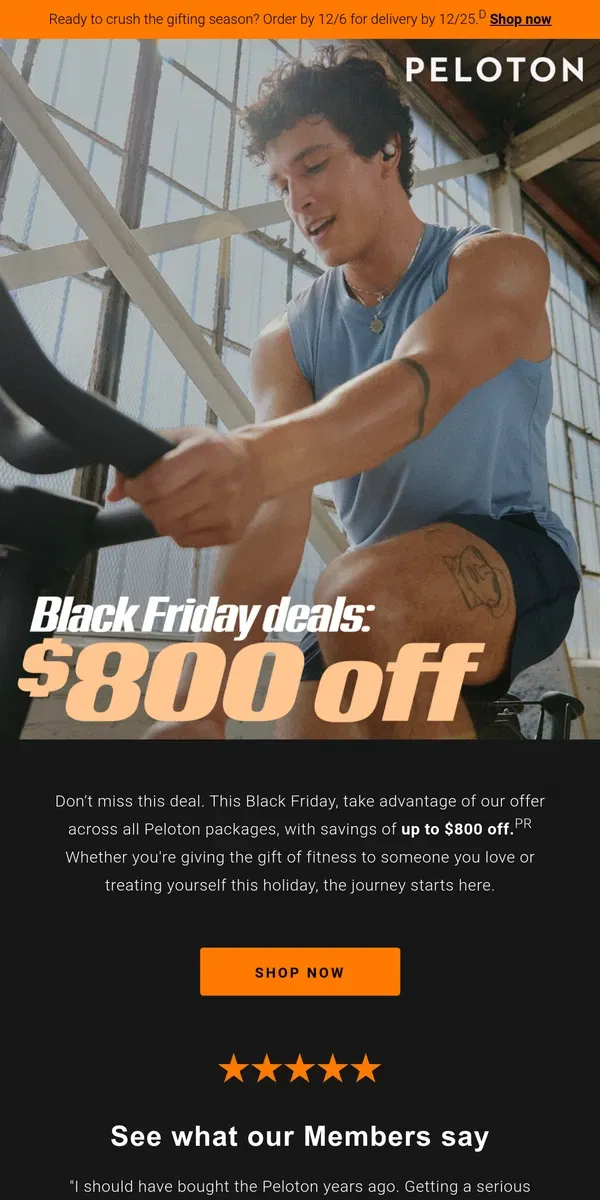 Email from Peloton. Our Black Friday offer: up to $800 off