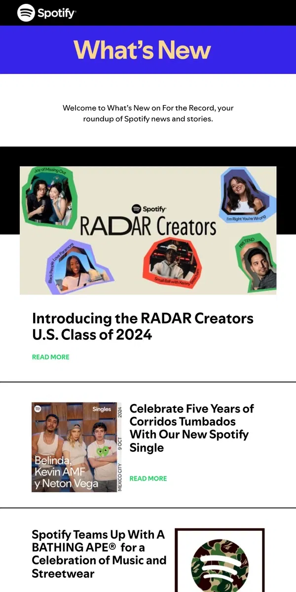 Email from Spotify. Introducing the RADAR Creators U.S. Class of 2024