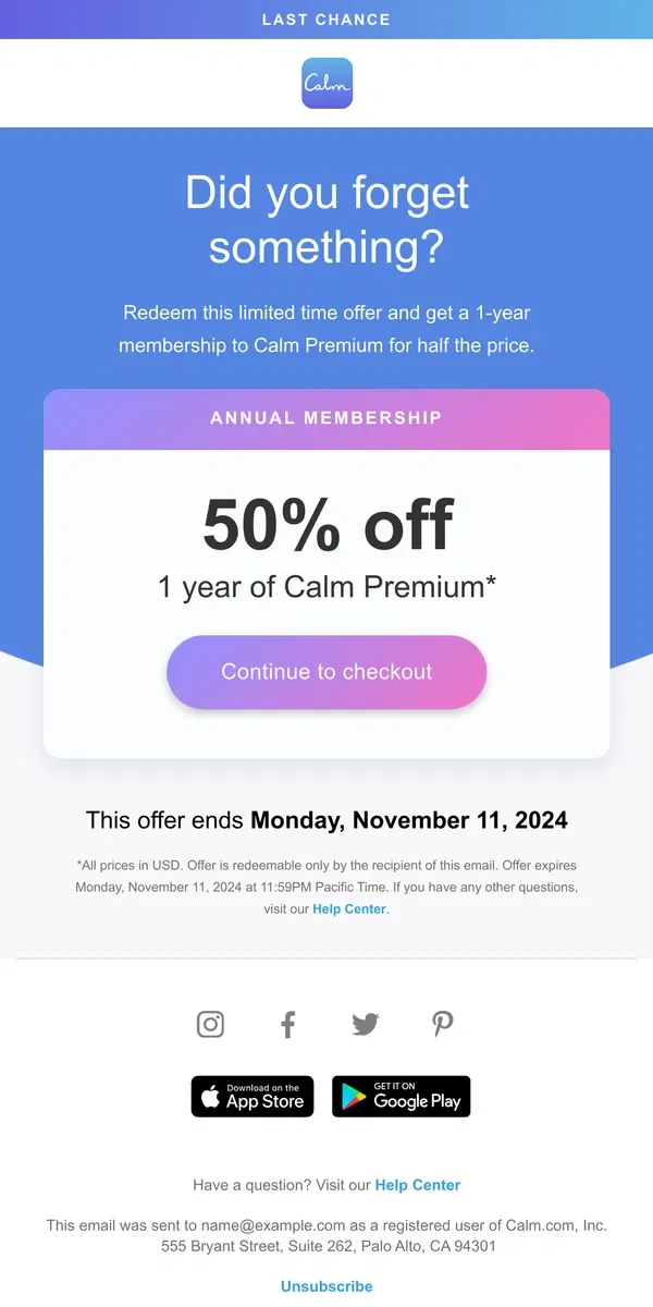 Email from Calm. Get your 50% off before it’s gone