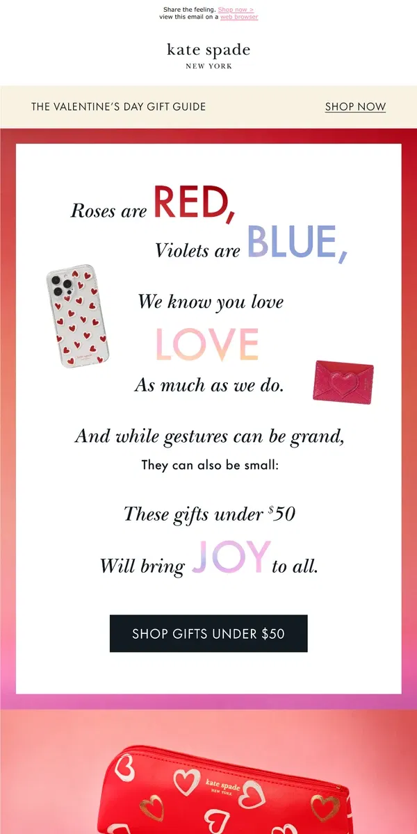 Email from Kate Spade. A love poem (...and gifts under $50)