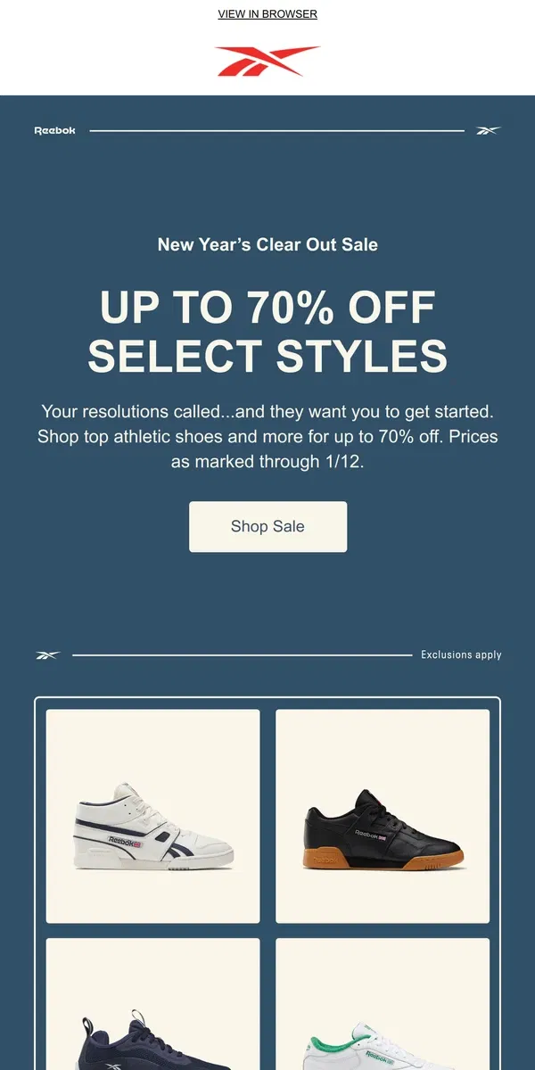 Email from Reebok. 🔔 Up to 70% off select styles happening now